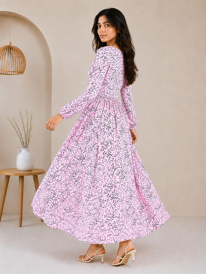 Printed Puff Sleeves Maxi Dress