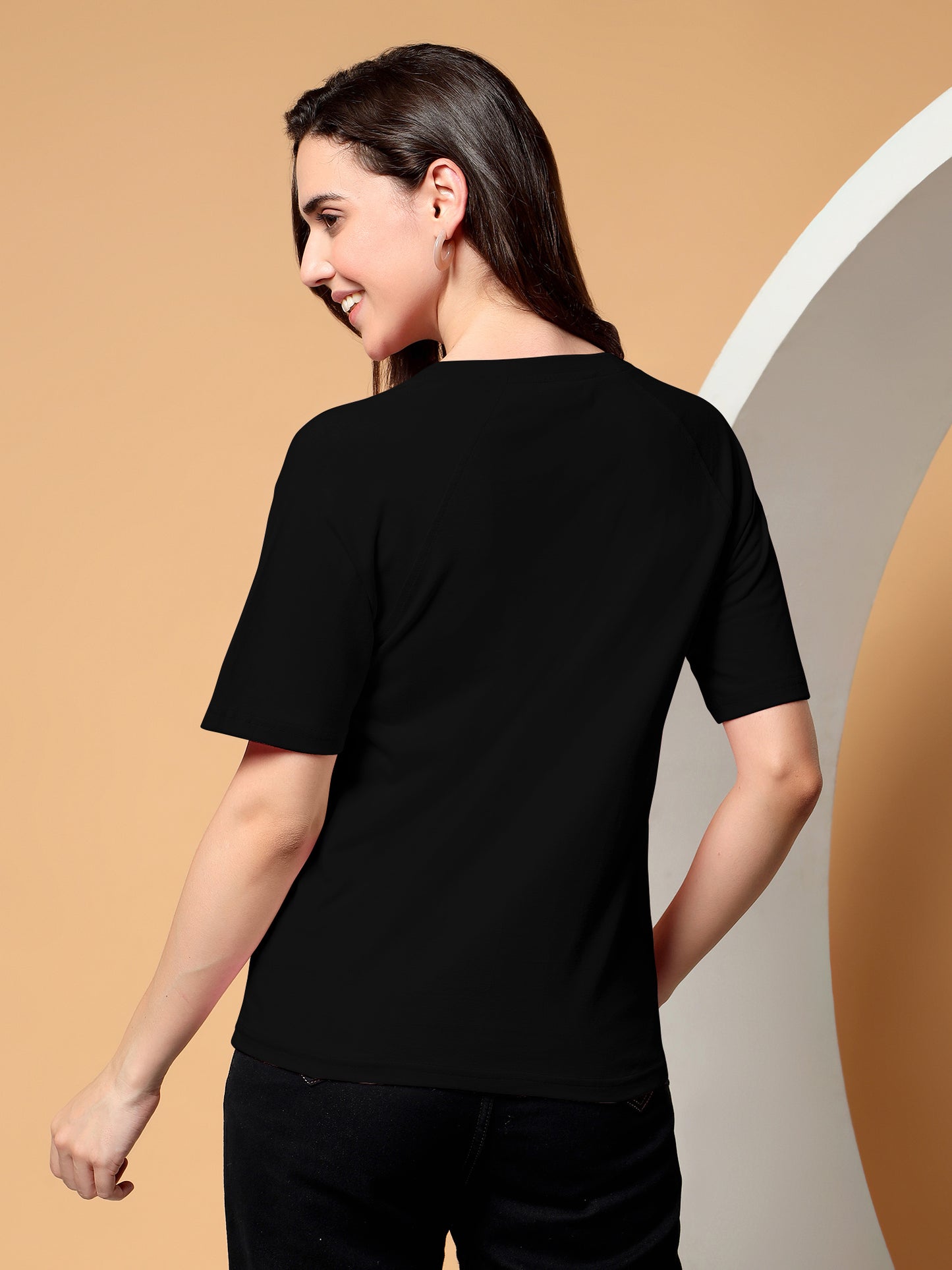 BRINNS Women Solid Raglan Sleeves Round Neck Cotton T-shirt