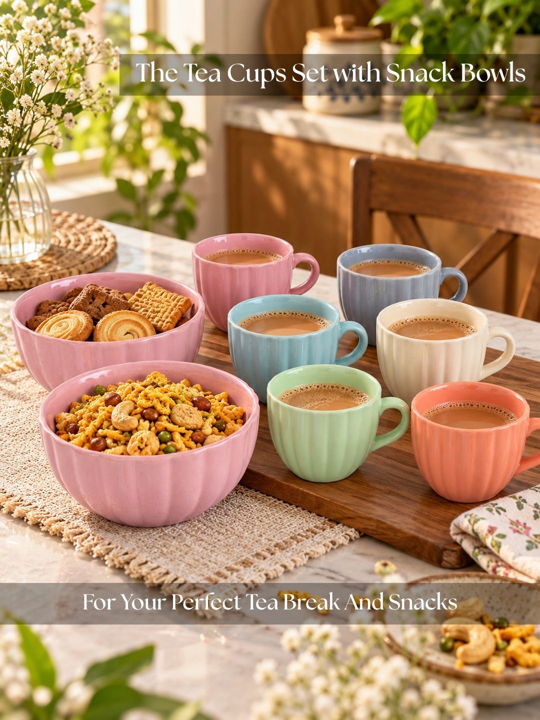 Tea Cups Set of 6 with 2 Snack Bowls | Multicolor | 150 ml
