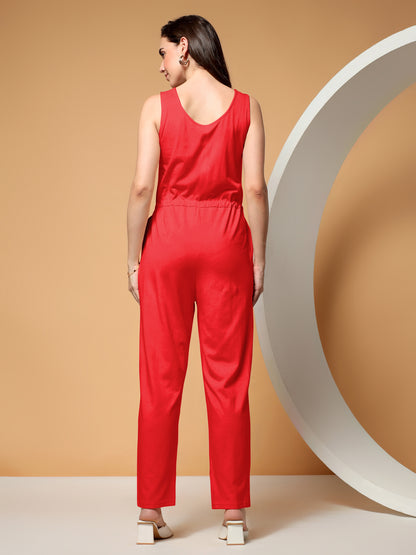 BRINNS Women V-Neck Pure Cotton Jumpsuit with Waist Tie-Up