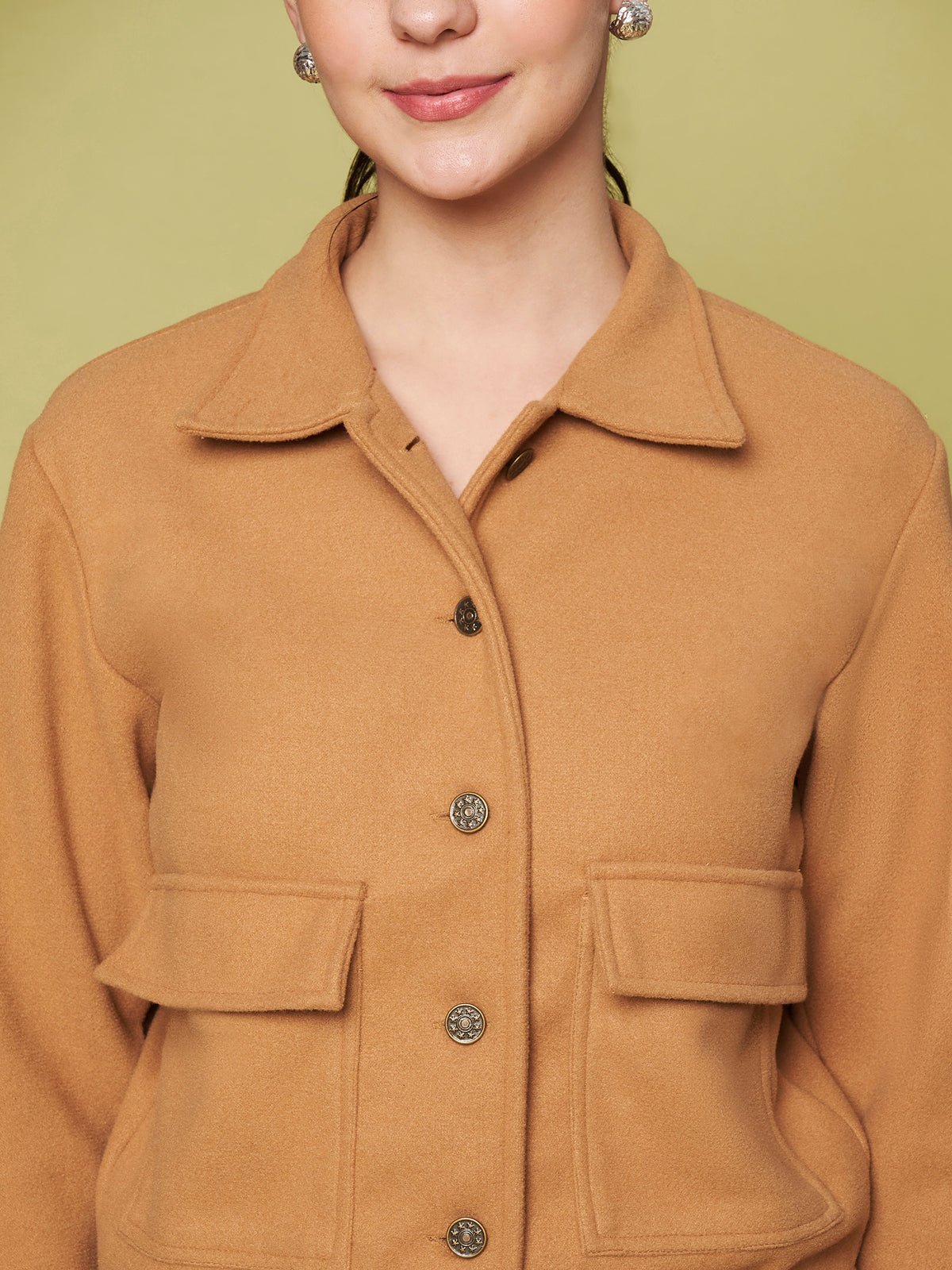Solid Woven Jacket with Utility Pockets & Spread Collar