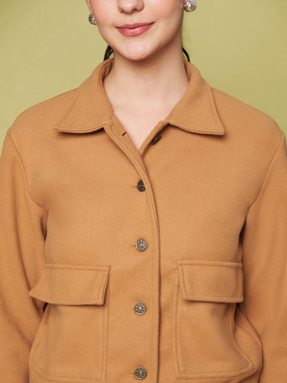 Solid Woven Jacket with Utility Pockets & Spread Collar