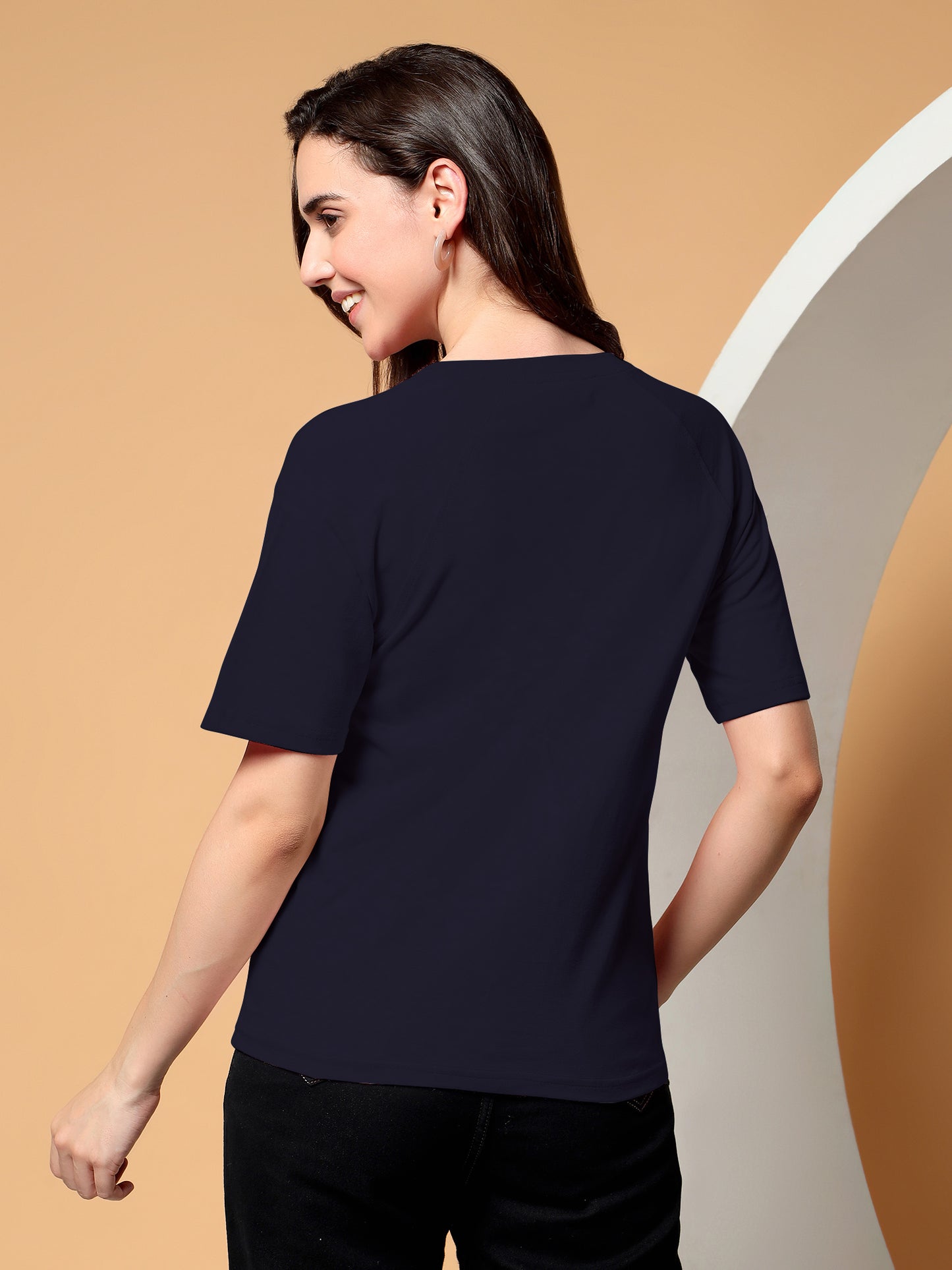BRINNS Women Solid Raglan Sleeves Round Neck Cotton T-shirt