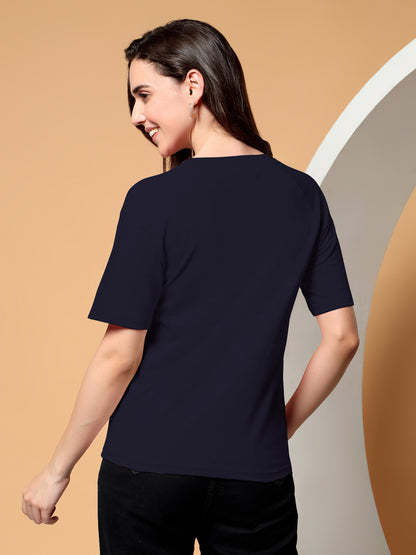BRINNS Women Solid Raglan Sleeves Round Neck Cotton T-shirt