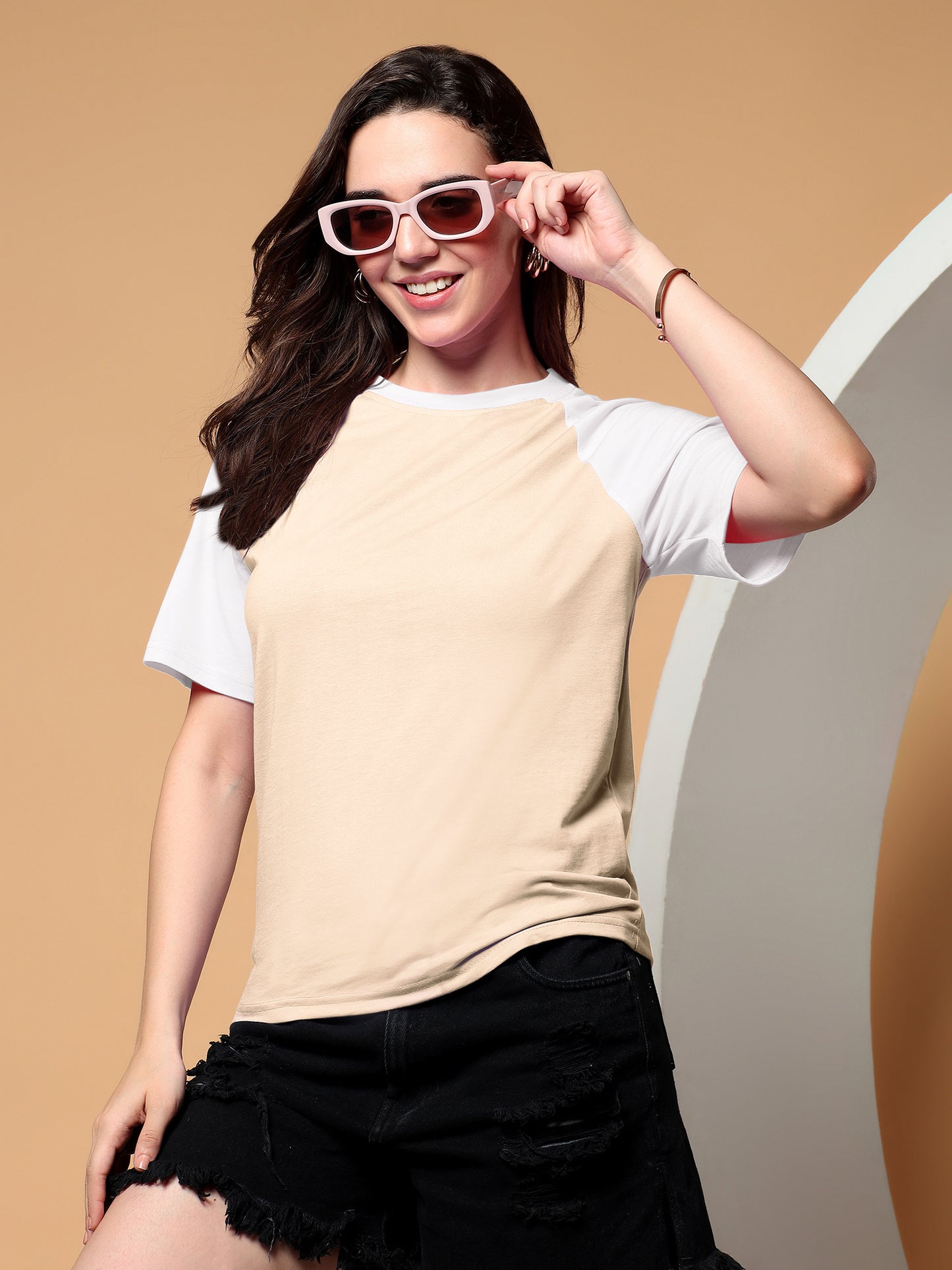 BRINNS Women Solid Raglan Sleeves Round Neck Cotton T-shirt