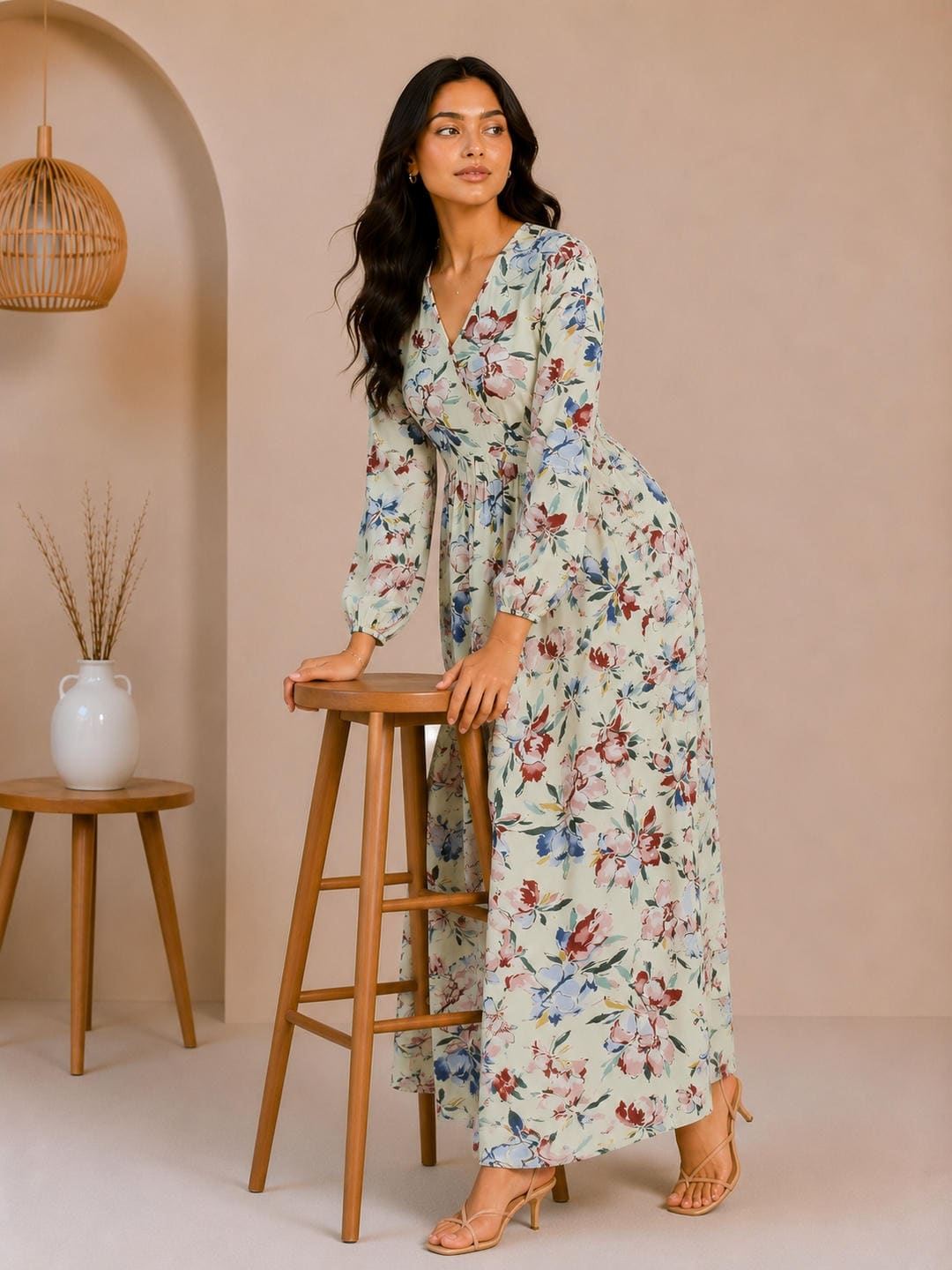 Printed Puff Sleeves Maxi Dress
