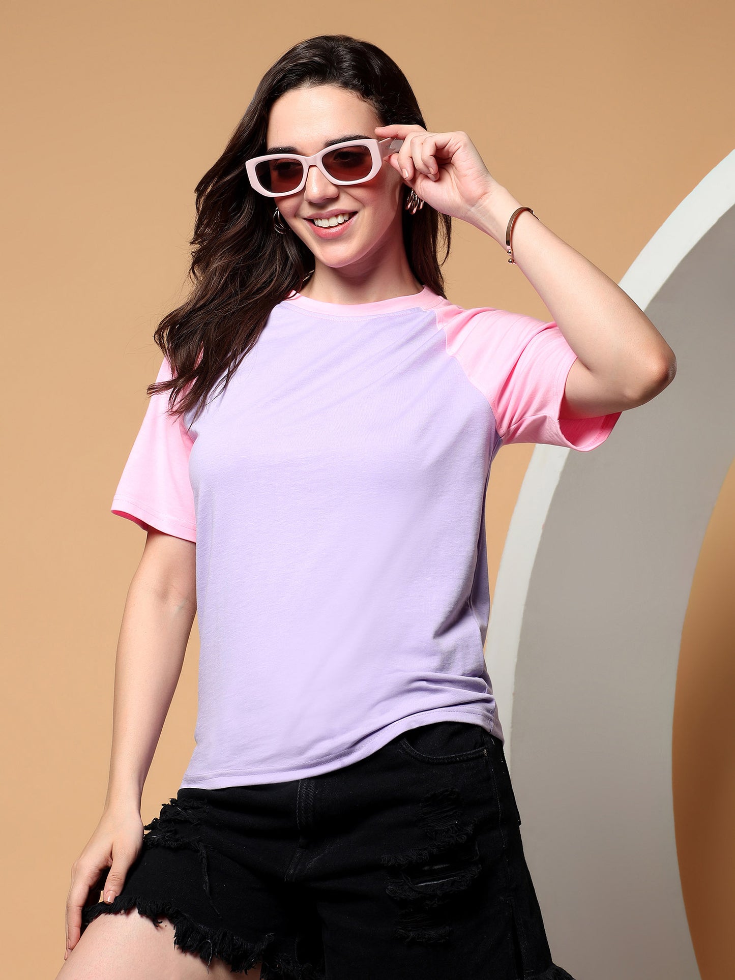 BRINNS Women Solid Raglan Sleeves Round Neck Cotton T-shirt