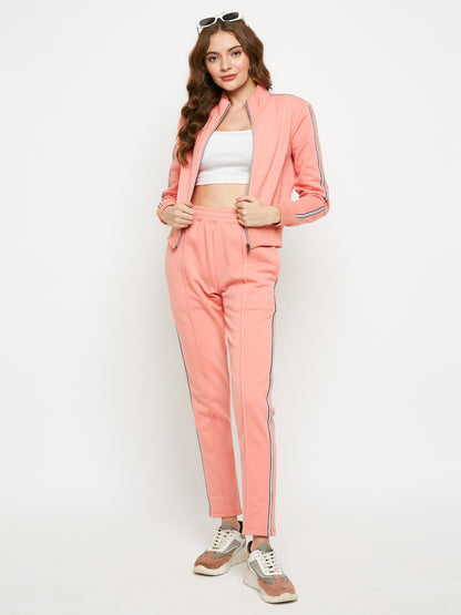 Women Solid Mock Collar Tracksuit
