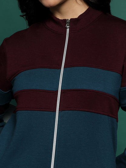 Colourblocked Stand Collar Zip-Up Fleece Jacket