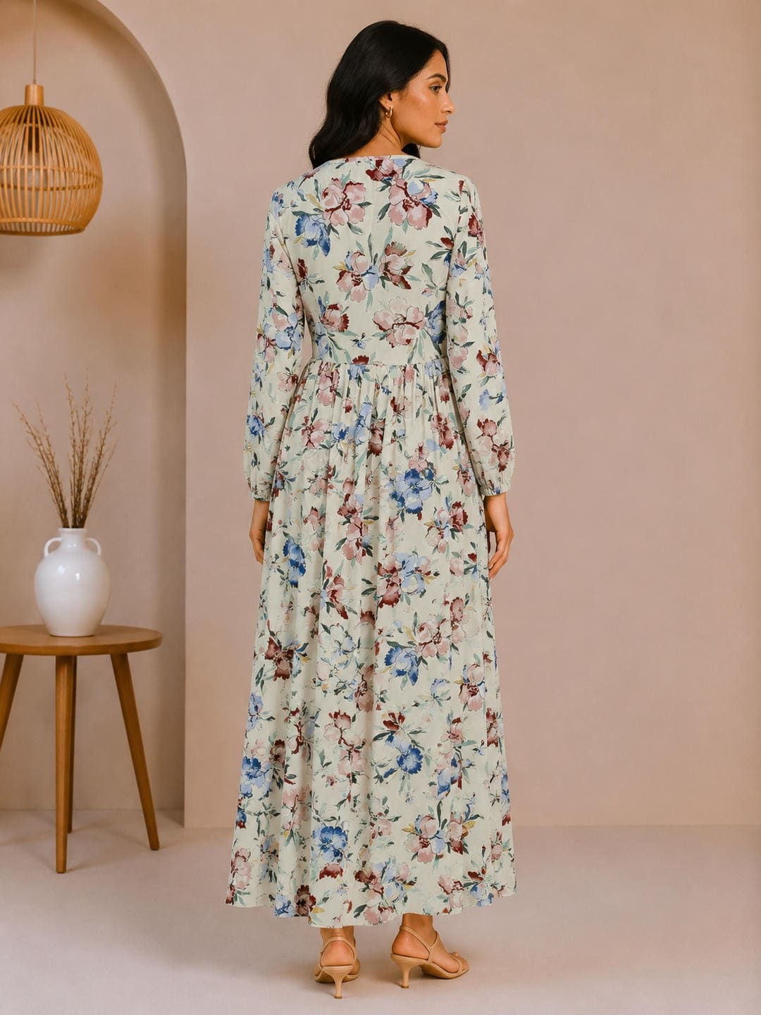 Printed Puff Sleeves Maxi Dress