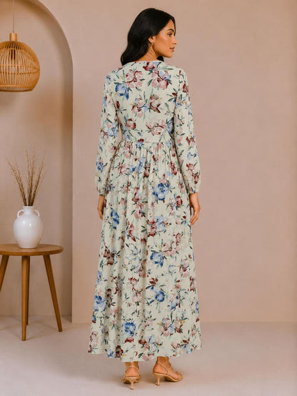 Printed Puff Sleeves Maxi Dress