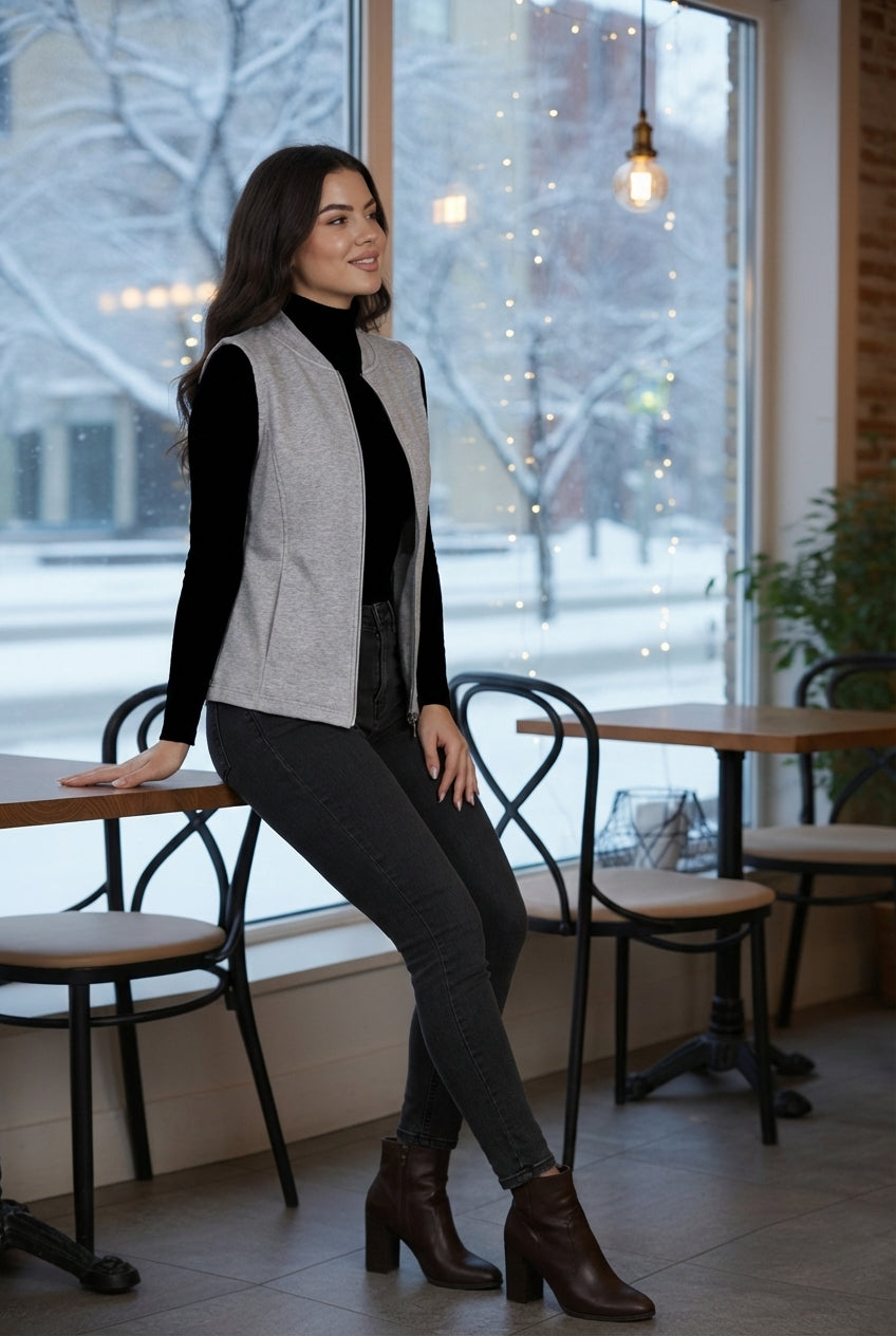 Henley Collar Sleeveless Fleece Zip Detail Tailored Jacket