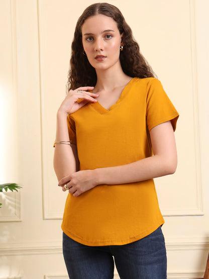 BRINNS Women Solid V-Neck Pure Cotton T-shirt