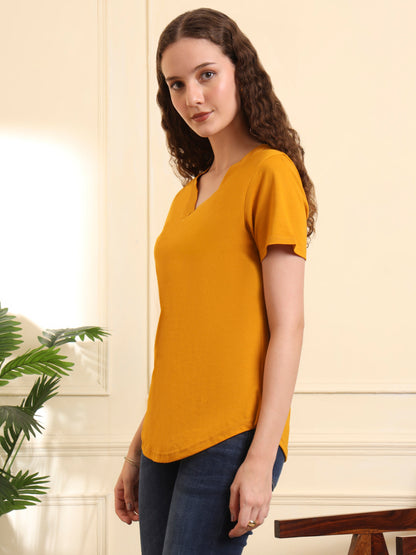 BRINNS Women Solid V-Neck Pure Cotton T-shirt