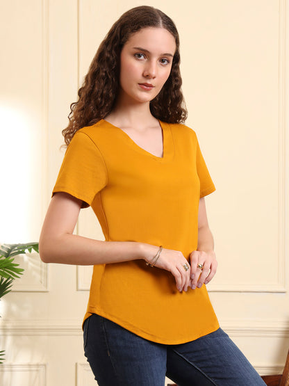BRINNS Women Solid V-Neck Pure Cotton T-shirt