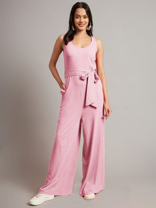 BRINNS Women Cotton Solid Round Neck Sleeveless Jumpsuit With Waist Tie-Ups