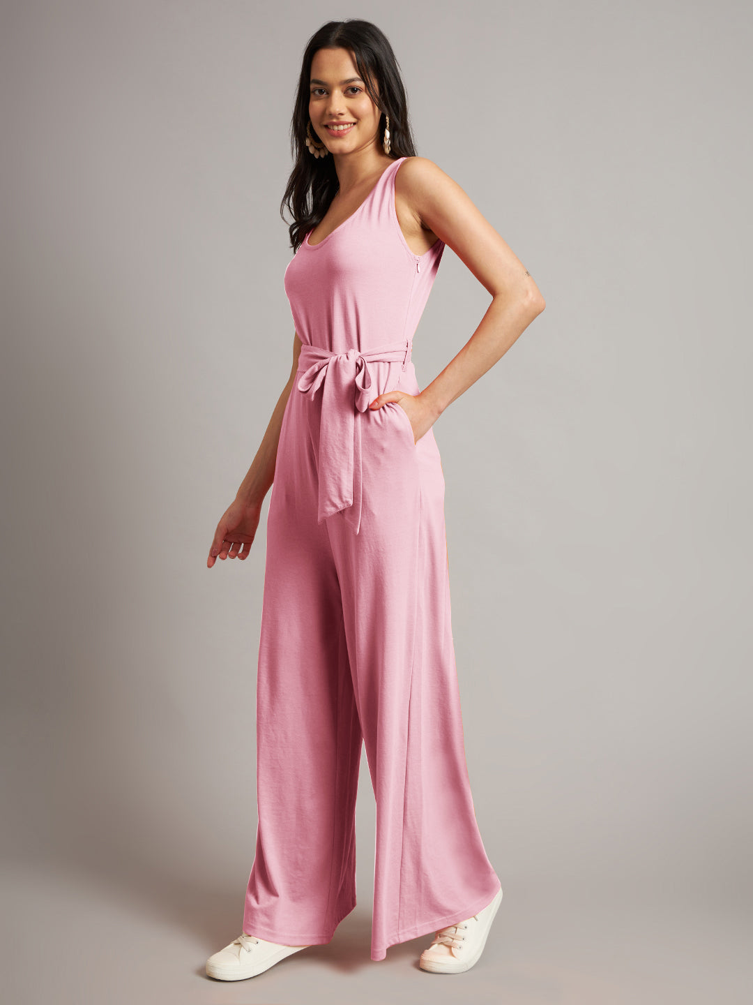 BRINNS Women Cotton Solid Round Neck Sleeveless Jumpsuit With Waist Tie-Ups