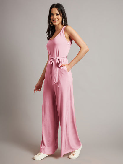 BRINNS Women Cotton Solid Round Neck Sleeveless Jumpsuit With Waist Tie-Ups