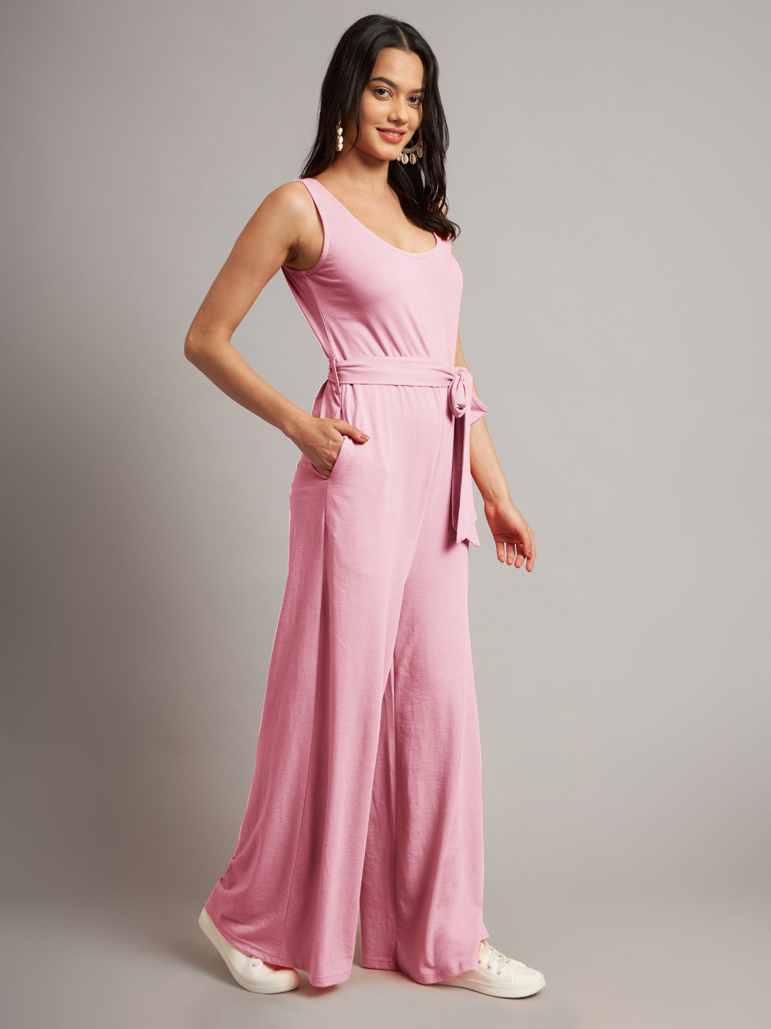BRINNS Women Cotton Solid Round Neck Sleeveless Jumpsuit With Waist Tie-Ups
