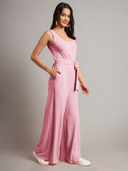 BRINNS Women Cotton Solid Round Neck Sleeveless Jumpsuit With Waist Tie-Ups
