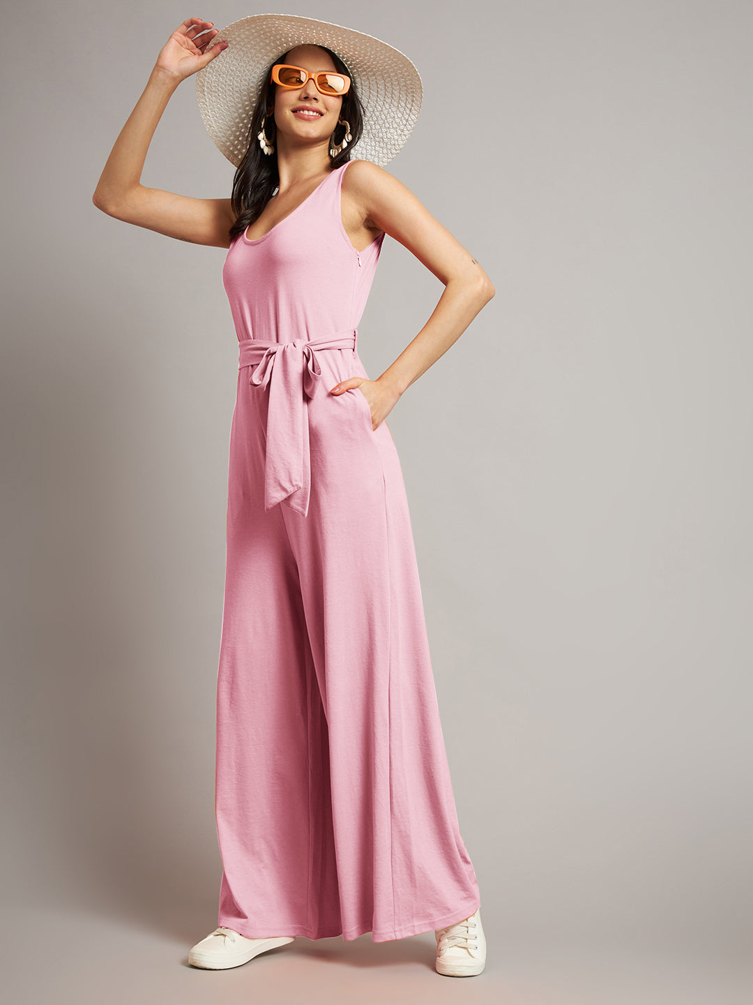 BRINNS Women Cotton Solid Round Neck Sleeveless Jumpsuit With Waist Tie-Ups