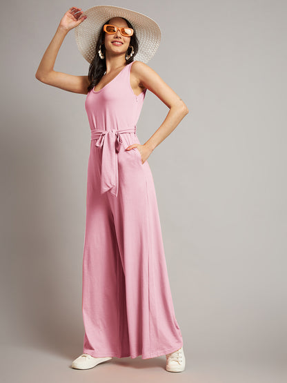 BRINNS Women Cotton Solid Round Neck Sleeveless Jumpsuit With Waist Tie-Ups