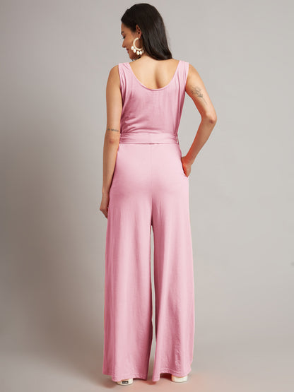 BRINNS Women Cotton Solid Round Neck Sleeveless Jumpsuit With Waist Tie-Ups