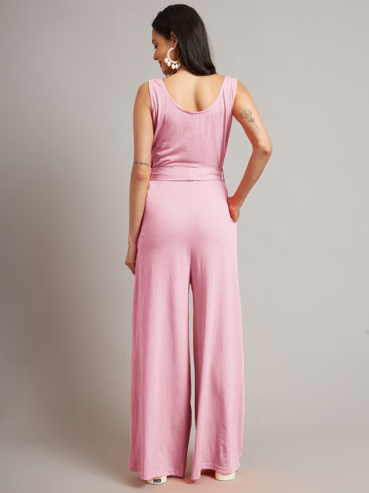 BRINNS Women Cotton Solid Round Neck Sleeveless Jumpsuit With Waist Tie-Ups