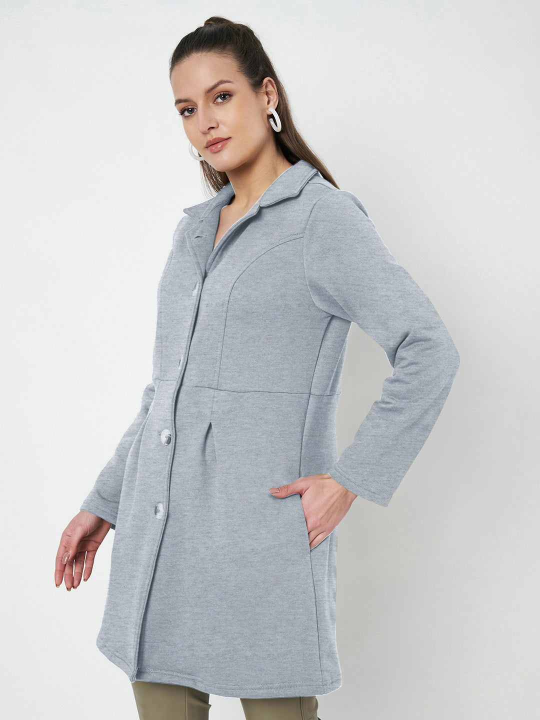 Notched Collar Hip Length Fleece Overcoat