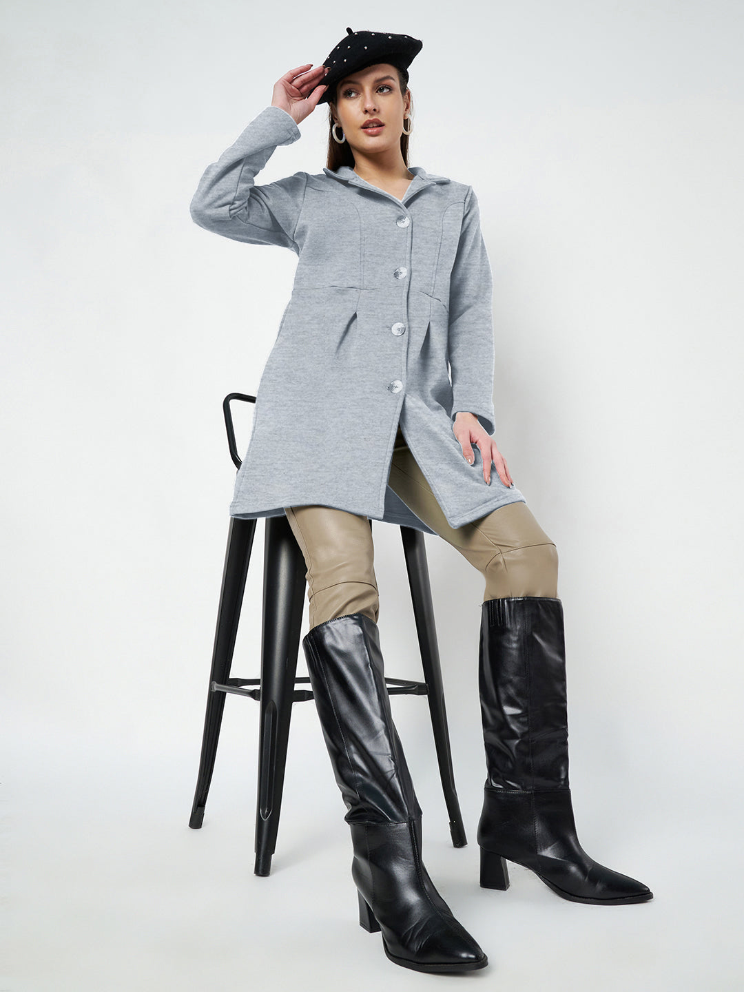 Notched Collar Hip Length Fleece Overcoat