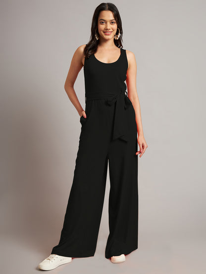 BRINNS Women Cotton Solid Round Neck Sleeveless Jumpsuit With Waist Tie-Ups