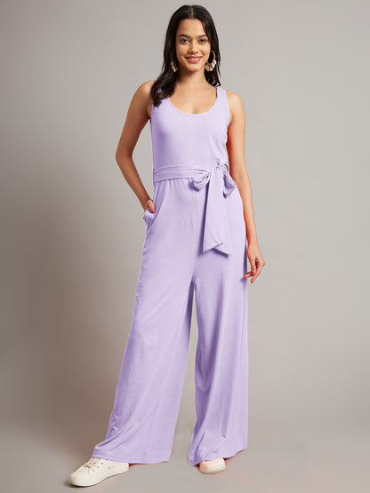 BRINNS Women Cotton Solid Round Neck Sleeveless Jumpsuit With Waist Tie-Ups