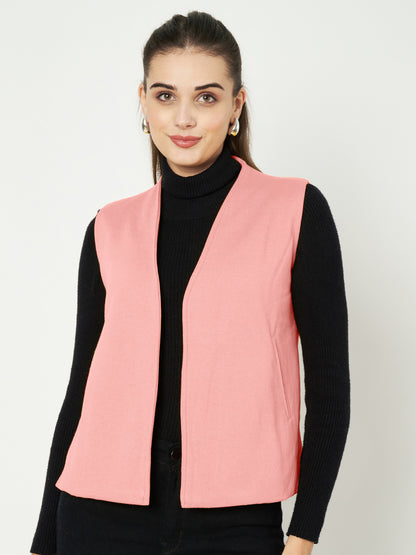 Solid Open-Front V-Neck Casual Waistcoat