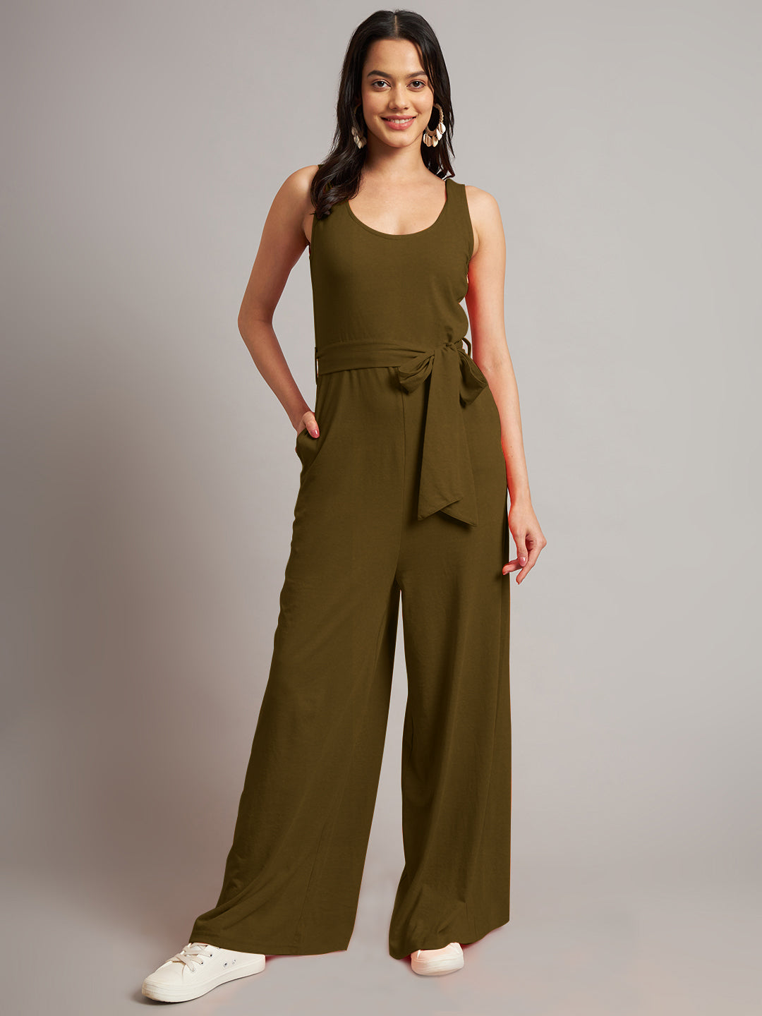 BRINNS Women Cotton Solid Round Neck Sleeveless Jumpsuit With Waist Tie-Ups