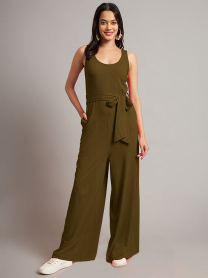 BRINNS Women Cotton Solid Round Neck Sleeveless Jumpsuit With Waist Tie-Ups
