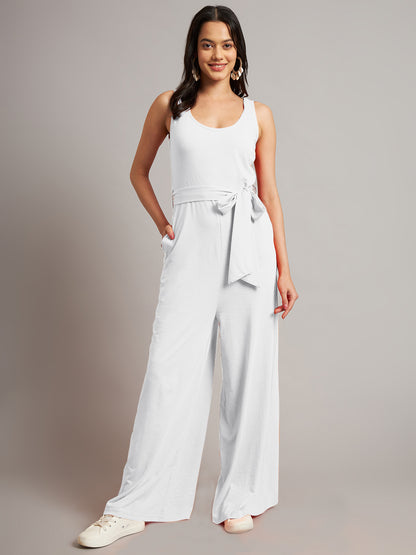 BRINNS Women Cotton Solid Round Neck Sleeveless Jumpsuit With Waist Tie-Ups