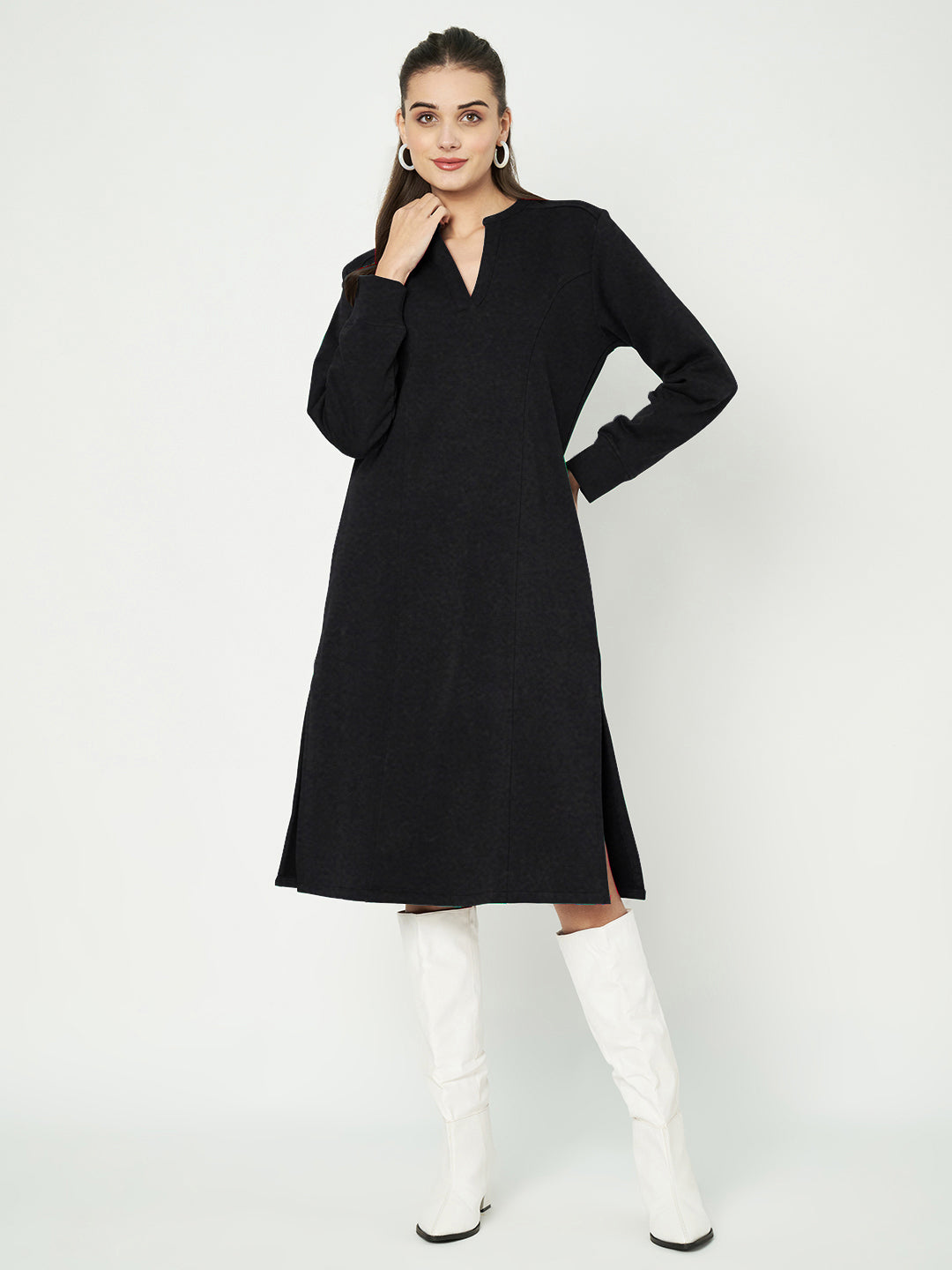 A-Line Dress with V-Neck Split Mandarin Collar