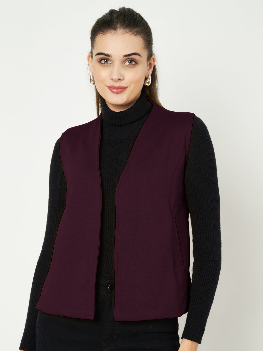 Solid Open-Front V-Neck Casual Waistcoat