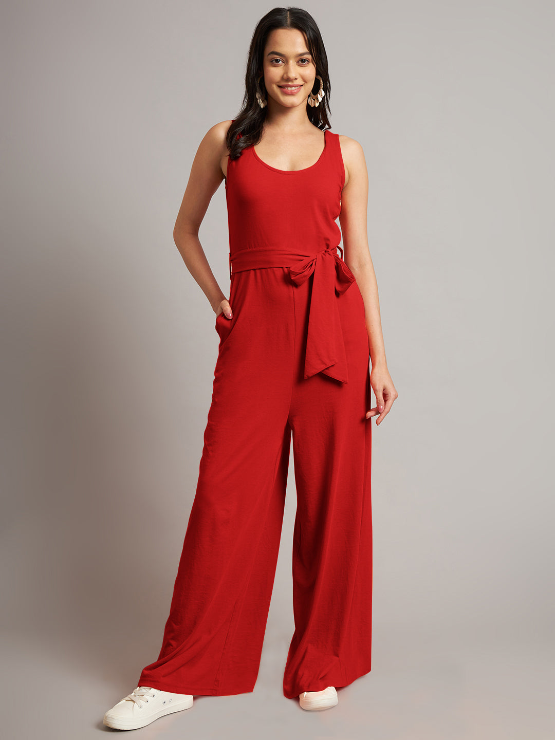 BRINNS Women Cotton Solid Round Neck Sleeveless Jumpsuit With Waist Tie-Ups