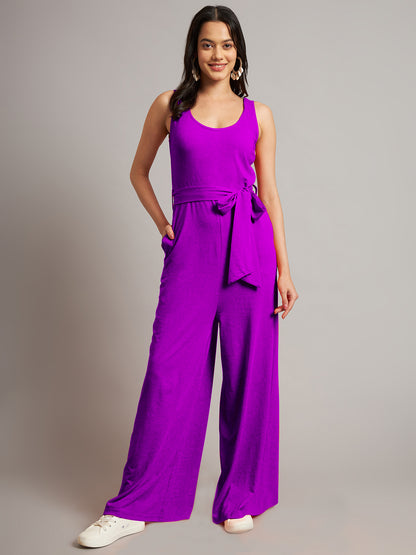 BRINNS Women Cotton Solid Round Neck Sleeveless Jumpsuit With Waist Tie-Ups