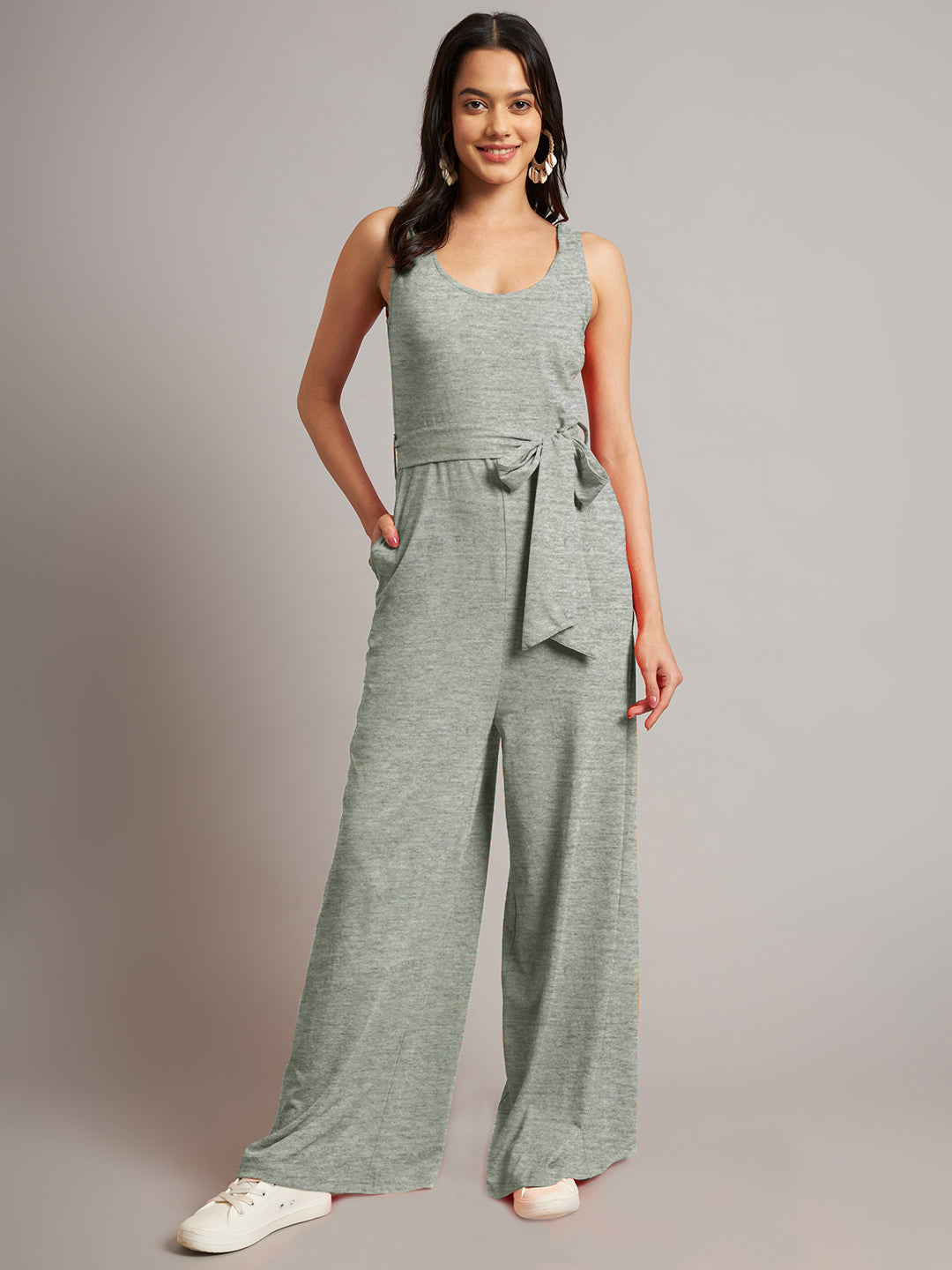 BRINNS Women Cotton Solid Round Neck Sleeveless Jumpsuit With Waist Tie-Ups