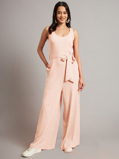 BRINNS Women Cotton Solid Round Neck Sleeveless Jumpsuit With Waist Tie-Ups
