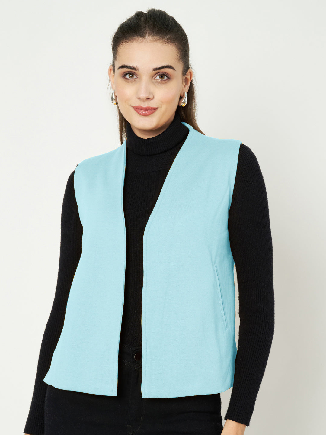 Solid Open-Front V-Neck Casual Waistcoat