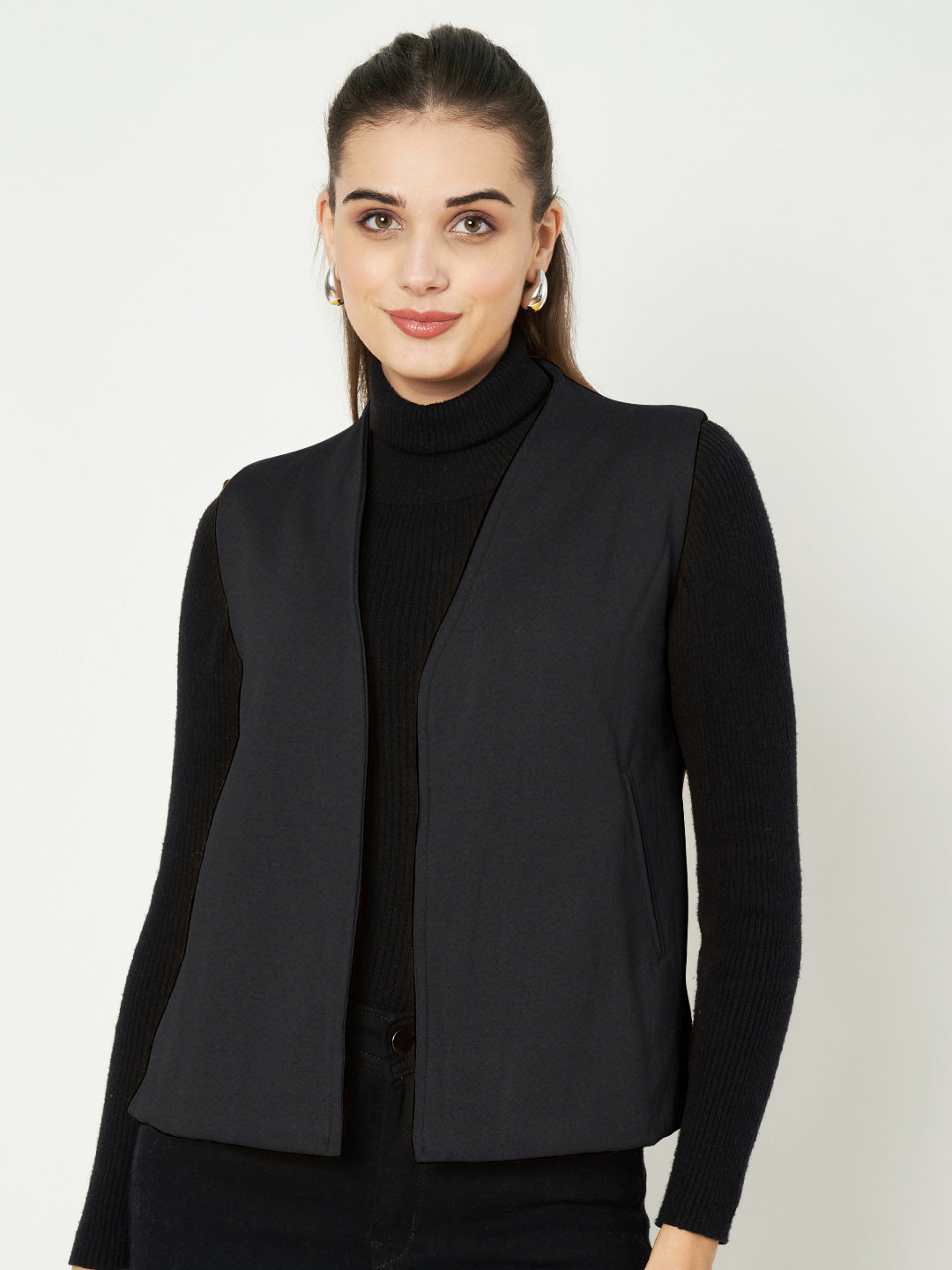 Solid Open-Front V-Neck Casual Waistcoat