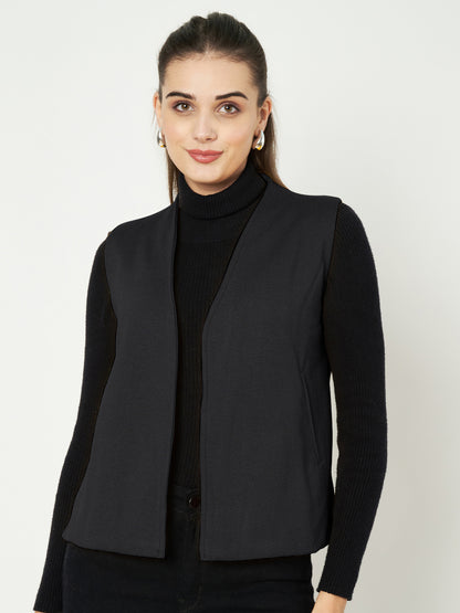 Solid Open-Front V-Neck Casual Waistcoat