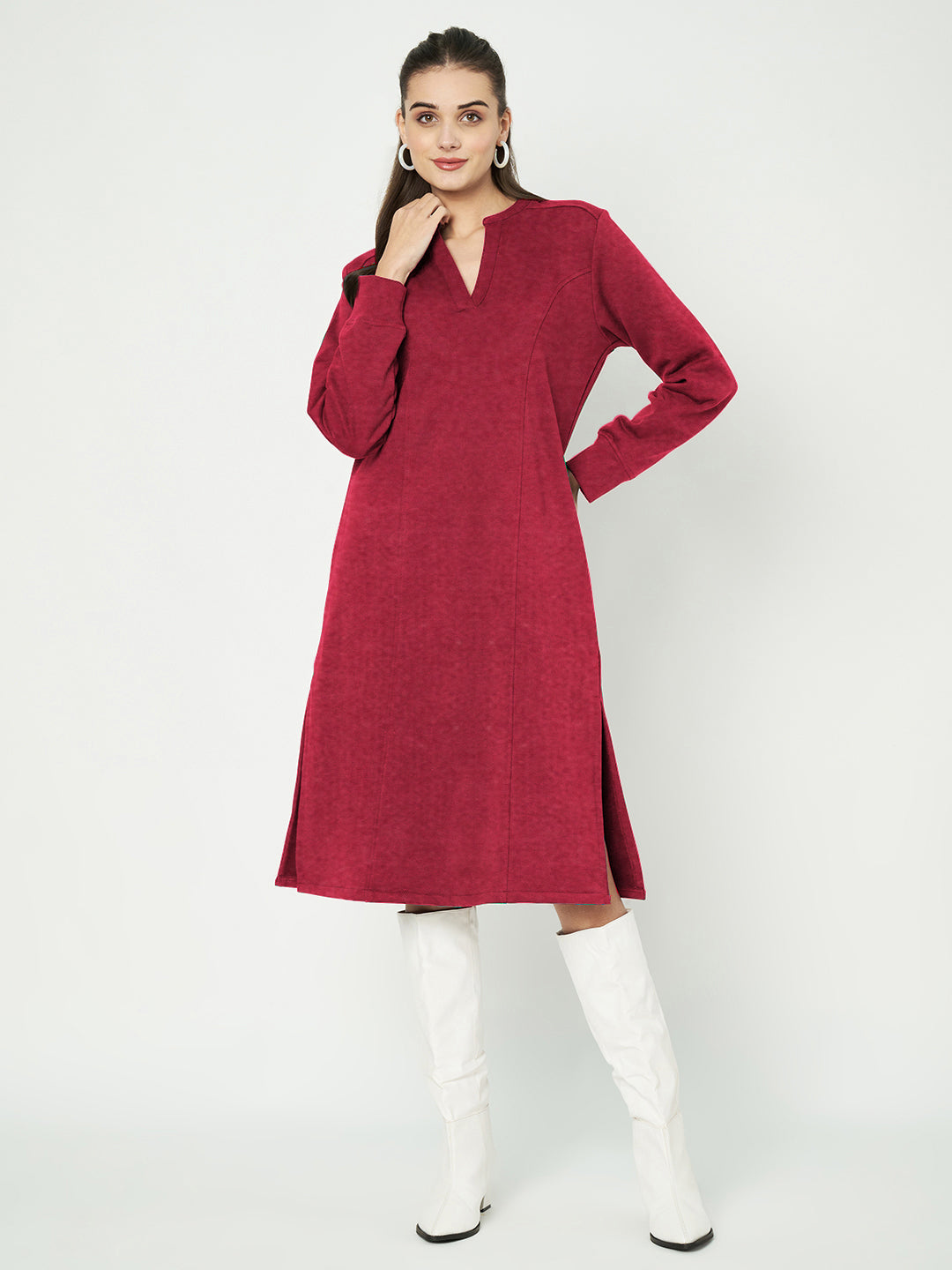 A-Line Dress with V-Neck Split Mandarin Collar