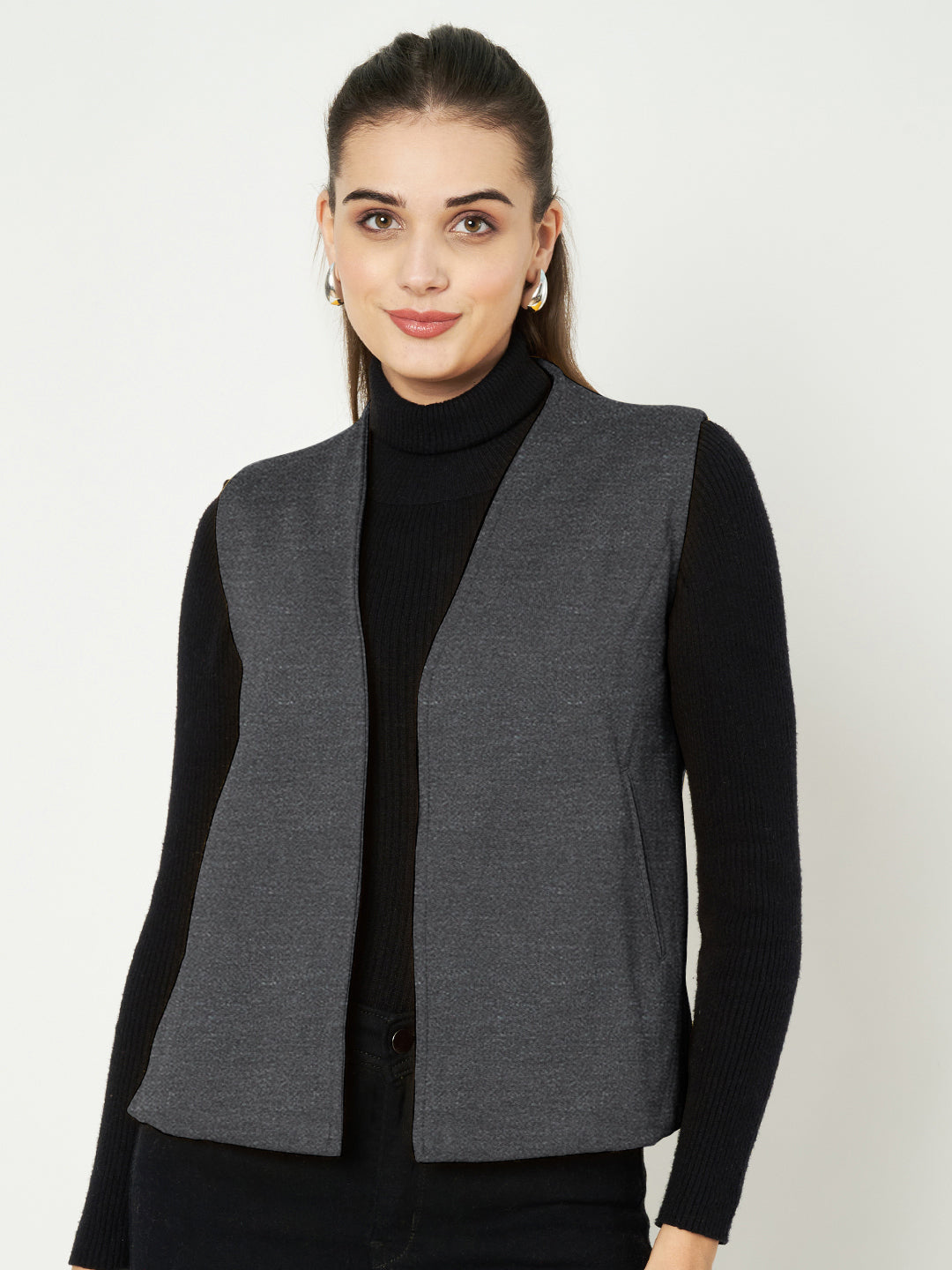 Solid Open-Front V-Neck Casual Waistcoat