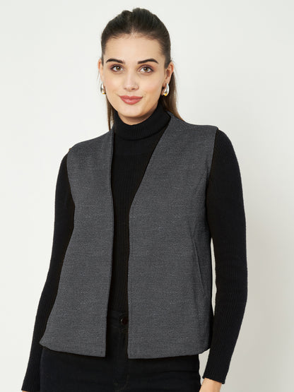 Solid Open-Front V-Neck Casual Waistcoat