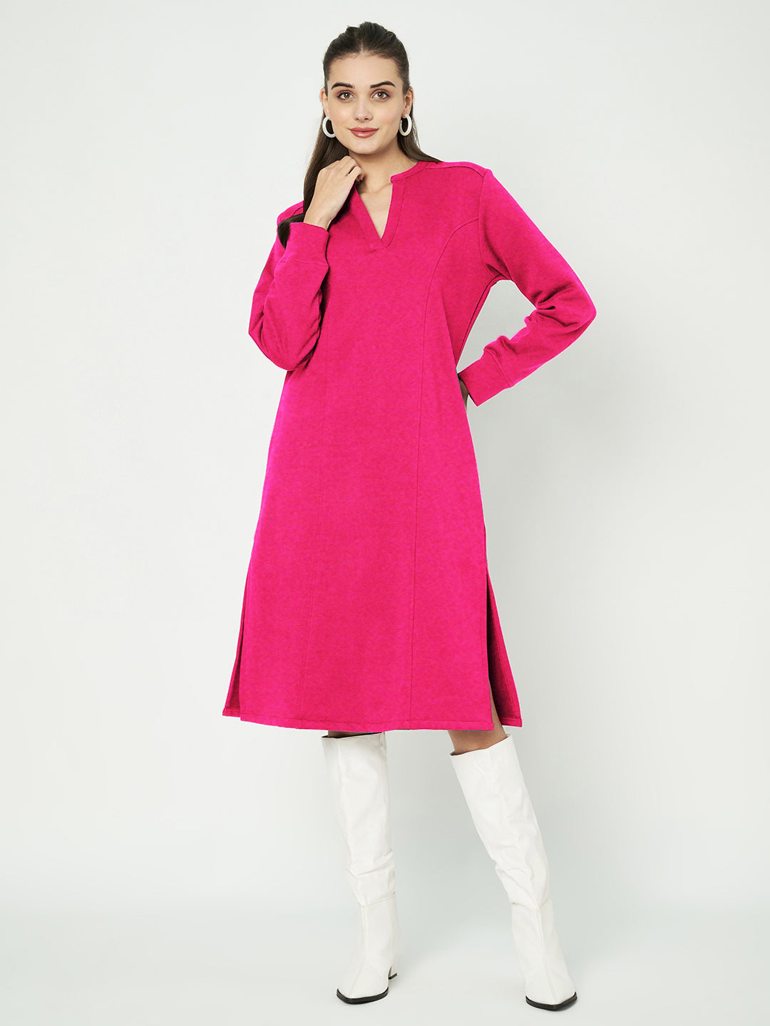 A-Line Dress with V-Neck Split Mandarin Collar