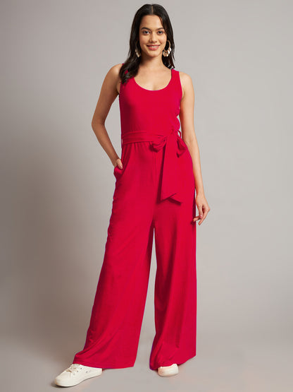 BRINNS Women Cotton Solid Round Neck Sleeveless Jumpsuit With Waist Tie-Ups